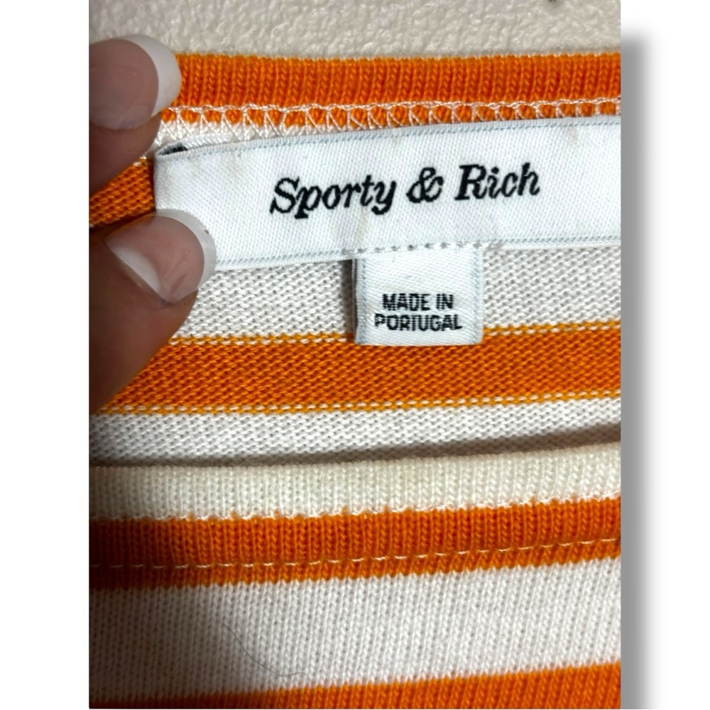 Sporty & Rich Orange and White Striped Long Sleeve Lightweight Knit Sweater Top - Picture 13 of 15